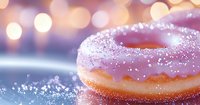 Pink glazed donut with sparkly sugar crystals on blurred bokeh background. Close-up macro shot shows sweet dessert details and festive atmosphere.