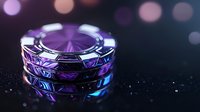 Luxury poker chips stack with purple neon glow on dark background with bokeh lights. Casino gaming concept with modern metallic design elements.