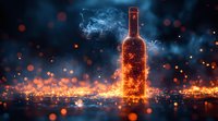 Glowing bottle silhouette with rising smoke against dark background, surrounded by magical orange bokeh lights and sparks creating mystical atmosphere.
