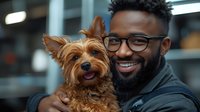 Smiling African American man with glasses and beard holding small brown Yorkshire Terrier dog, creating warm moment of companionship against blurred urban background.