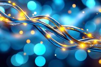 Glowing golden waves intertwine with luminous strands against blurred blue bokeh background, creating magical light effect for festive designs and holiday decorations.