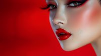 Close-up portrait of young Asian woman with dramatic red lips, sharp black eyeliner, and flawless makeup against vibrant red background, fashion beauty concept.