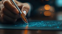 Close-up of metallic fountain pen nib writing on glowing blue surface with bokeh lights in background, creating magical atmospheric composition.
