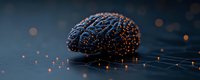 Glowing brain model with orange light particles on dark background, neural network visualization concept for artificial intelligence and machine learning.