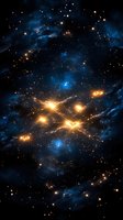 Cosmic nebula with glowing orange stars amid swirling blue gas clouds in deep space, creating dramatic contrast between warm and cool celestial elements in dark universe.