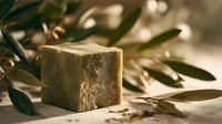 Natural olive oil soap bar with fresh olive branches and leaves on wooden surface for organic skincare and spa treatments.