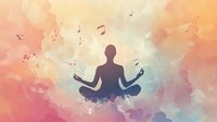 Silhouette of person meditating in lotus position surrounded by floating musical notes against dreamy pastel sky background with soft pink and blue clouds.
