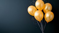 Festive golden balloons bunch floating on dark background with glitter sparkles scattered around. Elegant party decoration for celebrations and events.