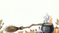 Witch's broomstick leaning against cauldron with magical purple and orange flames, autumn leaves, and pumpkin on white isolated background.
