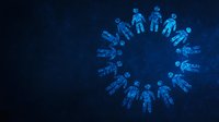Digital blue silhouettes of people arranged in circle on dark background, representing community, teamwork, or global connection concept.