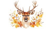 Watercolor deer head with autumn maple leaves and floral arrangement in orange and yellow tones, forest wildlife art on white background.