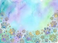 Watercolor gradient background with pastel turquoise, purple, and yellow tones featuring decorative paw prints and stars along bottom border, isolated on white for pet-related designs.