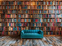 Turquoise velvet sofa against massive library bookshelf wall with wooden floor, creating cozy reading nook atmosphere for home interior and literature concept.