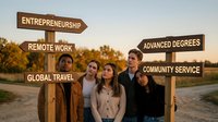 Young diverse professionals standing at career crossroads with wooden directional signs showing entrepreneurship, remote work, global travel, advanced degrees, community service paths.