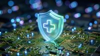 Digital healthcare security shield with medical cross symbol on circuit board background representing cybersecurity protection for medical data systems.