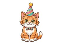 Orange tabby kitten wearing colorful striped party hat and bow tie, isolated on white background. Cheerful cartoon cat character suitable for birthday invitations, greeting cards, children's designs, and festive celebrations.