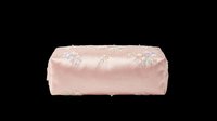 Blush pink satin cosmetic bag with delicate white floral embroidery, isolated on transparent background. Ready for clipart, product mockups, sublimation, and print-on-demand designs.