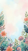 Watercolor floral border frame with ornamental leaves and blooming flowers in coral, teal, and gold tones on soft pastel background. Suitable for invitations, greeting cards, and design templates.