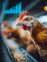 Close-up portrait of brown hen with red comb against blurred background with financial chart, representing poultry farming business growth.