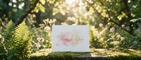 Thank you card with pink calligraphy text resting on green moss in sunlit forest setting with ferns and foliage, suitable for greeting designs.