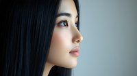 Profile view of young Asian woman with long straight black hair against neutral gray background, showcasing natural makeup and serene expression.