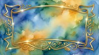 Ornate gold frame with decorative flourishes on watercolor background in blue, yellow, and green tones. Isolated design element suitable for invitations, certificates, and graphic projects.