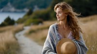Young woman with flowing hair wrapped in cozy shawl holding straw hat, standing on coastal path through golden meadow with ocean view in background.