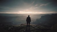 Silhouette of lone hiker standing on rocky cliff edge overlooking vast canyon landscape at golden hour sunset with dramatic cloudy sky and mountain ranges.