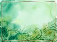 Watercolor botanical background with flowing green foliage, swirling leaves, and organic splashes. Soft, dreamy aesthetic with gold frame border. Suitable for invitations, cards, and design projects.