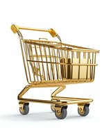 Luxurious golden shopping cart isolated on white background, symbolizing premium retail experience and exclusive shopping for e-commerce and marketing concepts.