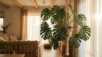 Large monstera deliciosa houseplant with split leaves in modern living room interior with wooden beams and natural lighting for home decor.