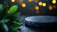 Dark stone podium with green leaves and golden bokeh lights in background creates luxurious product display setting for cosmetics, jewelry or spa items.