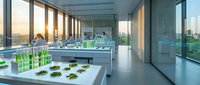 Modern laboratory interior with green plant samples on white tables, large windows showing city skyline at sunset, clean scientific research facility.