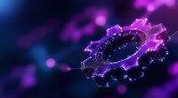 Glowing purple gear mechanism with digital particles and light effects on dark background with bokeh. Modern technology concept for business automation.