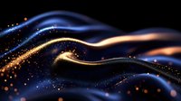 Magical glowing waves with gold and blue light trails on dark background, sparkling particles creating dynamic flowing motion effect for luxury designs.