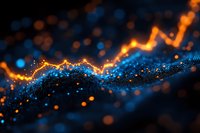 Abstract digital wave with glowing orange and blue particles flowing in dynamic motion against dark background for technology and data visualization concepts.