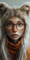 Young Caucasian woman in round glasses wearing furry cat-ear hood and orange turtleneck sweater, looking directly at camera with intense gaze. Natural freckles and minimal makeup.
