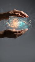 Hands protecting holographic digital technology interface with gears, data analytics and futuristic elements for business innovation concepts.