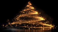 Golden light trails forming Christmas tree shape with sparkling particles on dark background for holiday designs and festive decorations.