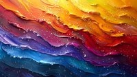 Vibrant waves of colorful paint create dynamic abstract texture with water drops, flowing from warm orange and yellow tones to cool blue and purple hues in artistic motion.