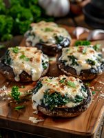 Stuffed portobello mushrooms with spinach and melted cheese on wooden board, garnished with fresh parsley for gourmet cooking and healthy dining.
