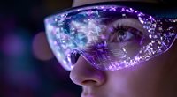 Young woman wearing futuristic smart glasses with holographic display showing data visualization and digital interface for technology concepts.