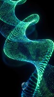 Glowing digital DNA helix made of luminescent particles and data points in cyan and green tones against dark background, representing genetic science and biotechnology research.