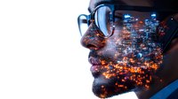 Young African American man in profile wearing sunglasses with double exposure effect showing illuminated night city skyline, representing urban lifestyle and modern vision.
