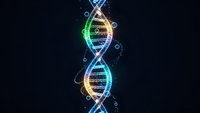 Glowing DNA double helix structure with colorful neon lights on dark background for genetic research and biotechnology concepts.