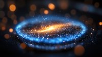 Magical glowing spiral of blue and gold sparkles swirling in dark space with bokeh light effects creates mystical cosmic atmosphere.