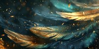 Magical floating feathers in turquoise and gold colors with glowing particles against dark background create mystical atmospheric composition.