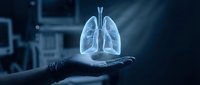 Holographic lungs floating above open palm in medical technology concept for healthcare innovation and respiratory system visualization in modern clinical environment.
