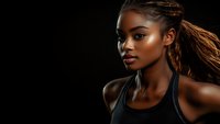 Young African American female athlete with braided hair in black sports top against dark background, dramatic side lighting creates striking contrast and glow on skin.