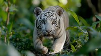 Majestic white tiger prowling through lush green foliage, piercing blue eyes focused ahead, displaying natural hunting behavior in jungle environment.